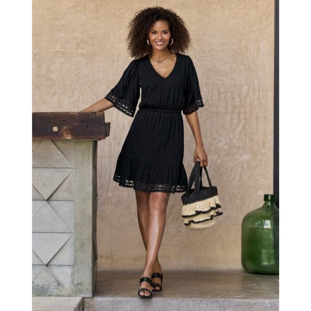 Boston Proper Dress XL Black Lace Trim Gauze A-Line Boho Lined Summer NEW
